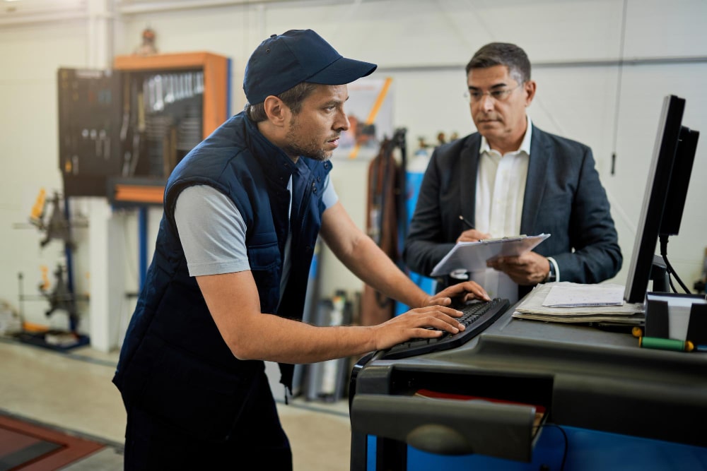 mid adult inspector overseeing auto repairman who is working on computer workshop. Focus is mechanic