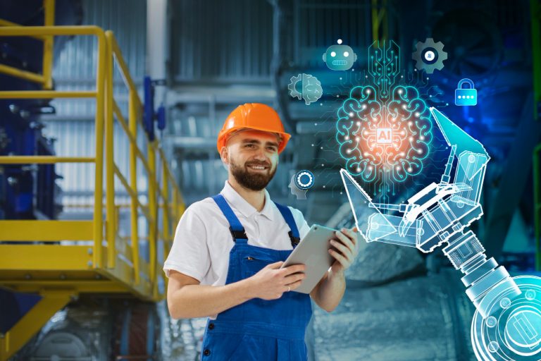 A man wearing an orange helmet using AI tools