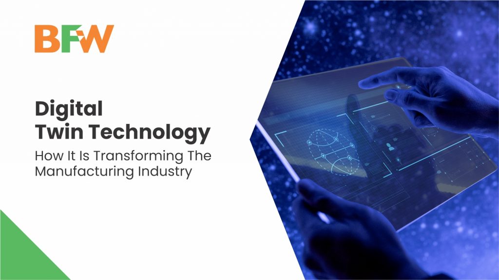 Digital Twin Technology. A hand holding and operating a tablet with a tiny blue lights surrounding it