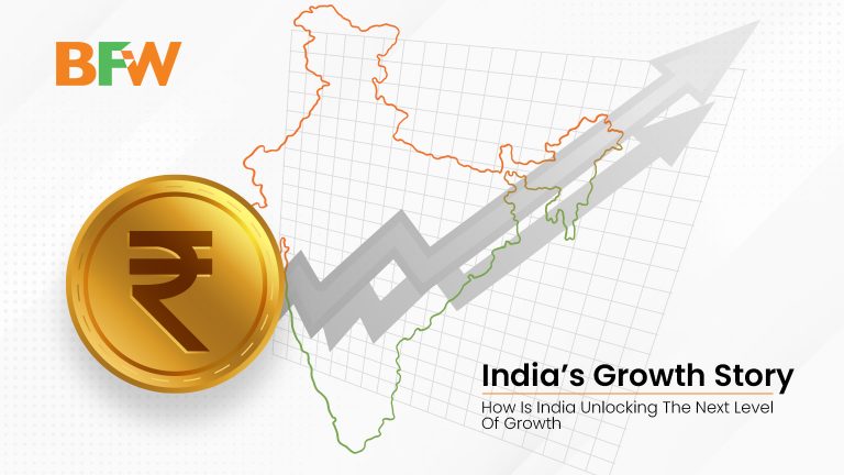 A coin with Indian currency representation and an arrow pointing upward showcaing Indisn growth story.